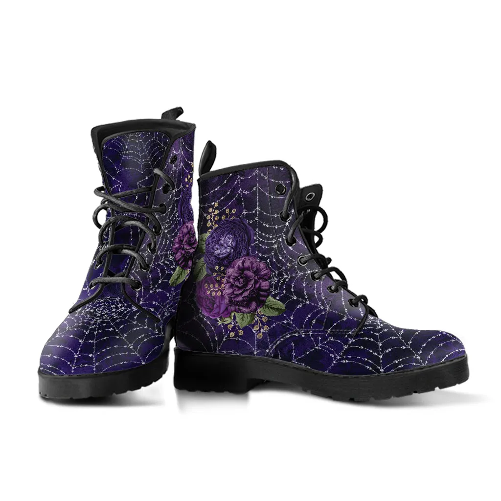Combat Boots - Gothic Spiderweb Owls, Handmade Lace Up Boots, Vegan Leather Purple Boots for Women, 90s Boots