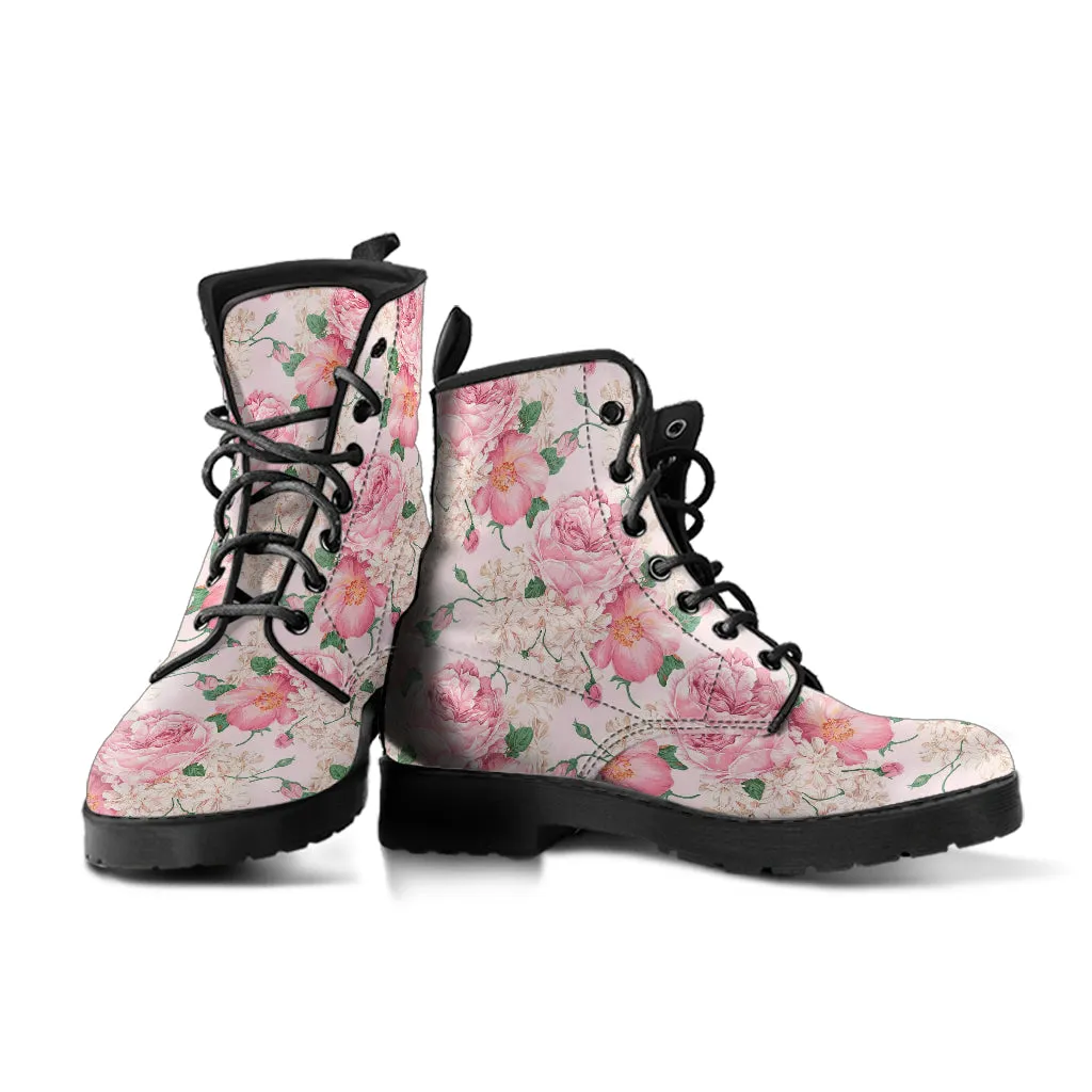Combat Boots - Lovely Flowers #103 Pink | Vegan Leather Lace Up, Birthday Gifts, Gift Idea, Women's Custom Shoes, Aesthetic Cute Kawaii