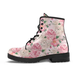 Combat Boots - Lovely Flowers #103 Pink | Vegan Leather Lace Up, Birthday Gifts, Gift Idea, Women's Custom Shoes, Aesthetic Cute Kawaii