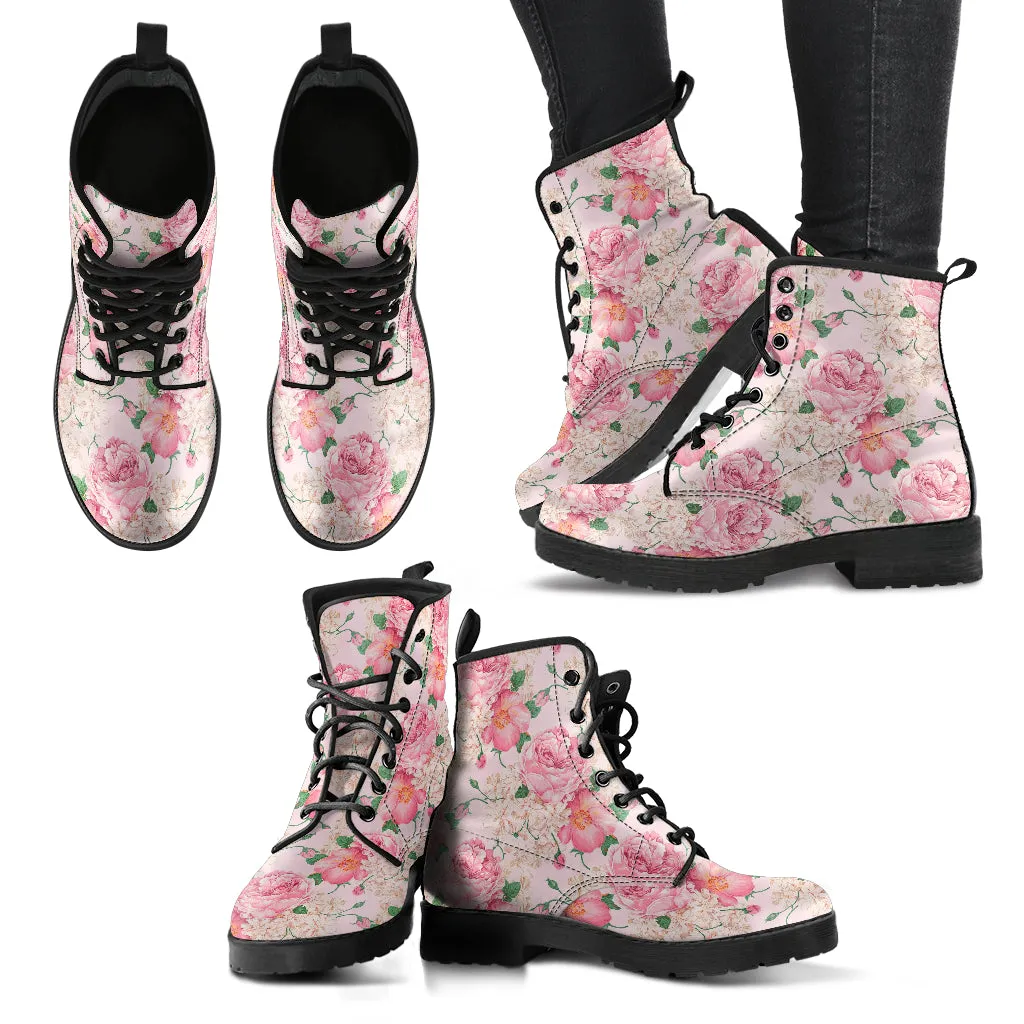 Combat Boots - Lovely Flowers #103 Pink | Vegan Leather Lace Up, Birthday Gifts, Gift Idea, Women's Custom Shoes, Aesthetic Cute Kawaii