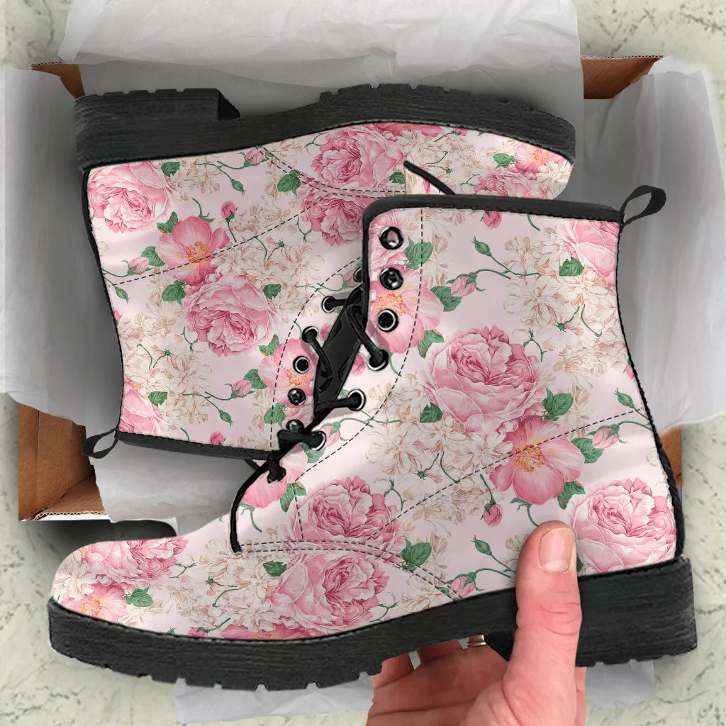 Combat Boots - Lovely Flowers #103 Pink | Vegan Leather Lace Up, Birthday Gifts, Gift Idea, Women's Custom Shoes, Aesthetic Cute Kawaii