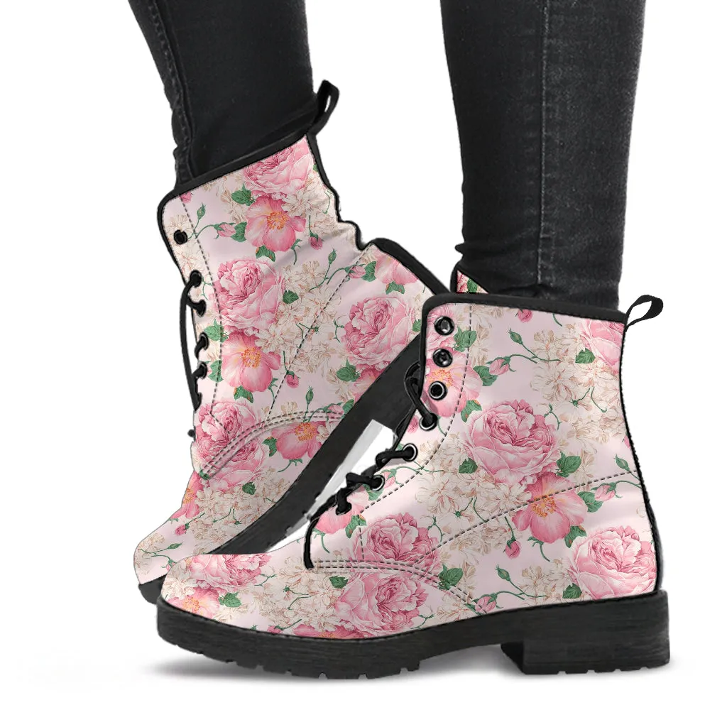 Combat Boots - Lovely Flowers #103 Pink | Vegan Leather Lace Up, Birthday Gifts, Gift Idea, Women's Custom Shoes, Aesthetic Cute Kawaii