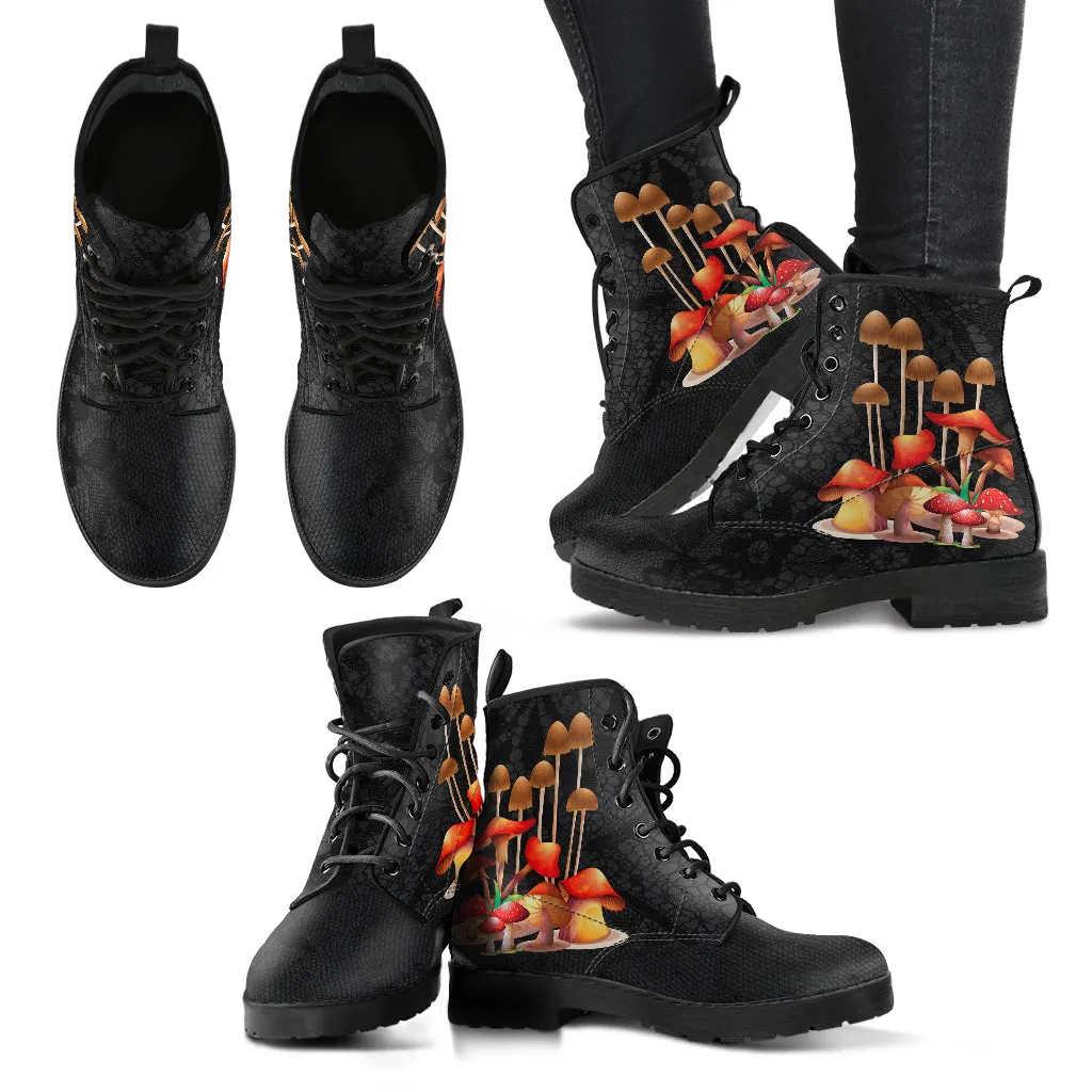 Combat Boots - Mushroom Boots #111 | Mushroom Gift, Birthday Gift Idea, Vegan Leather Lace Up Boots, Custom Unisex Adult Shoes, Gift for Her