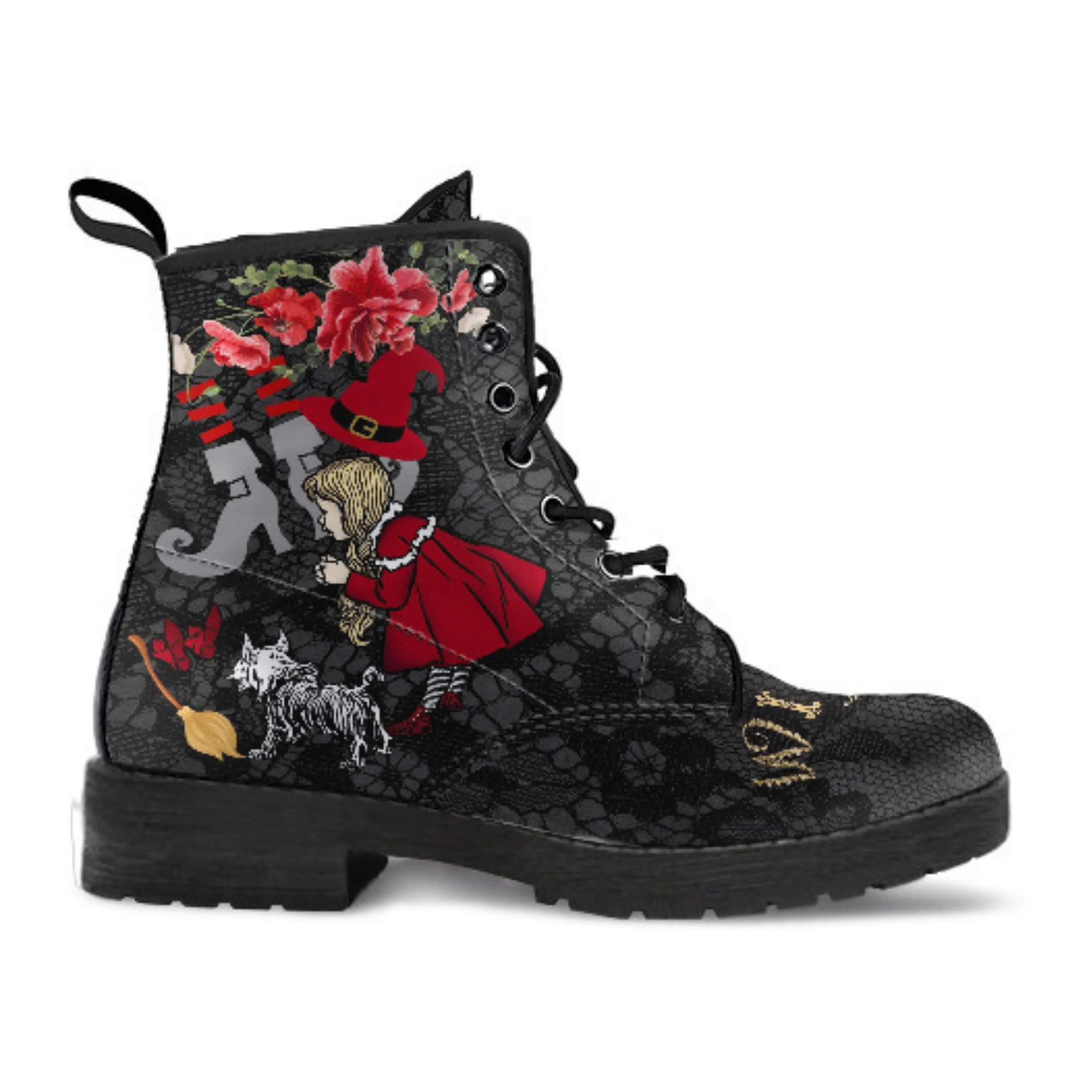 Combat Boots - The Wizard of Oz Gifts #101 Black Lace Print | Women's Black Hipster Boots, Custom Shoes