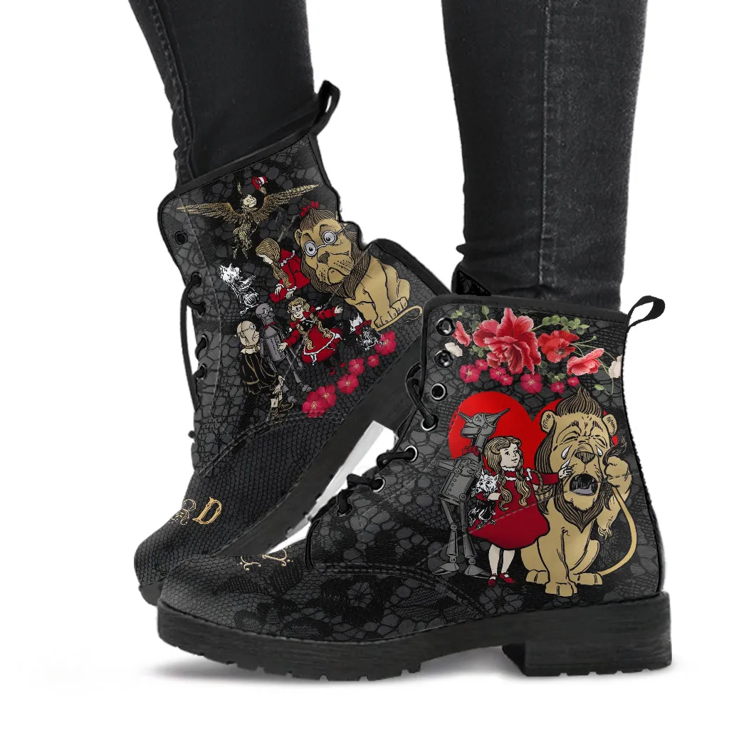 Combat Boots - The Wizard of Oz Gifts #101 Black Lace Print | Women's Black Hipster Boots, Custom Shoes