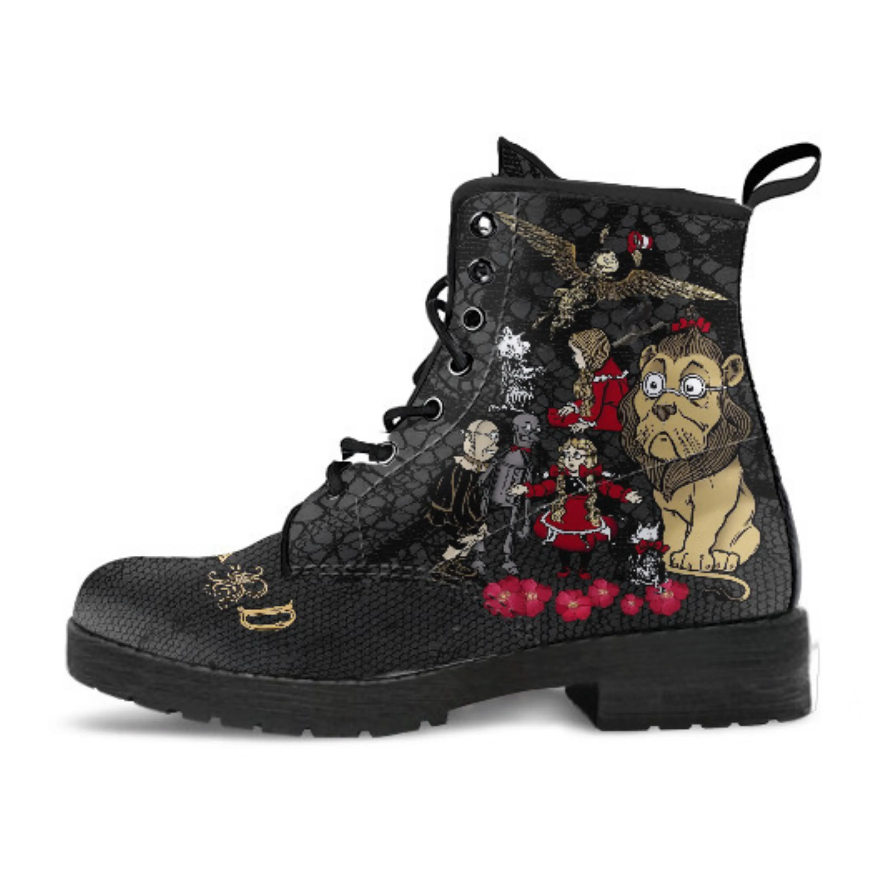 Combat Boots - The Wizard of Oz Gifts #101 Black Lace Print | Women's Black Hipster Boots, Custom Shoes