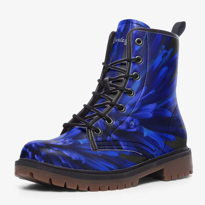 Deep Blue Floral Combat Boots|Blossom Print Blue Lace-Up Boots| Unique Custom Purple Vegan Leather Shoe For Women|Men| Mystic Design Boots