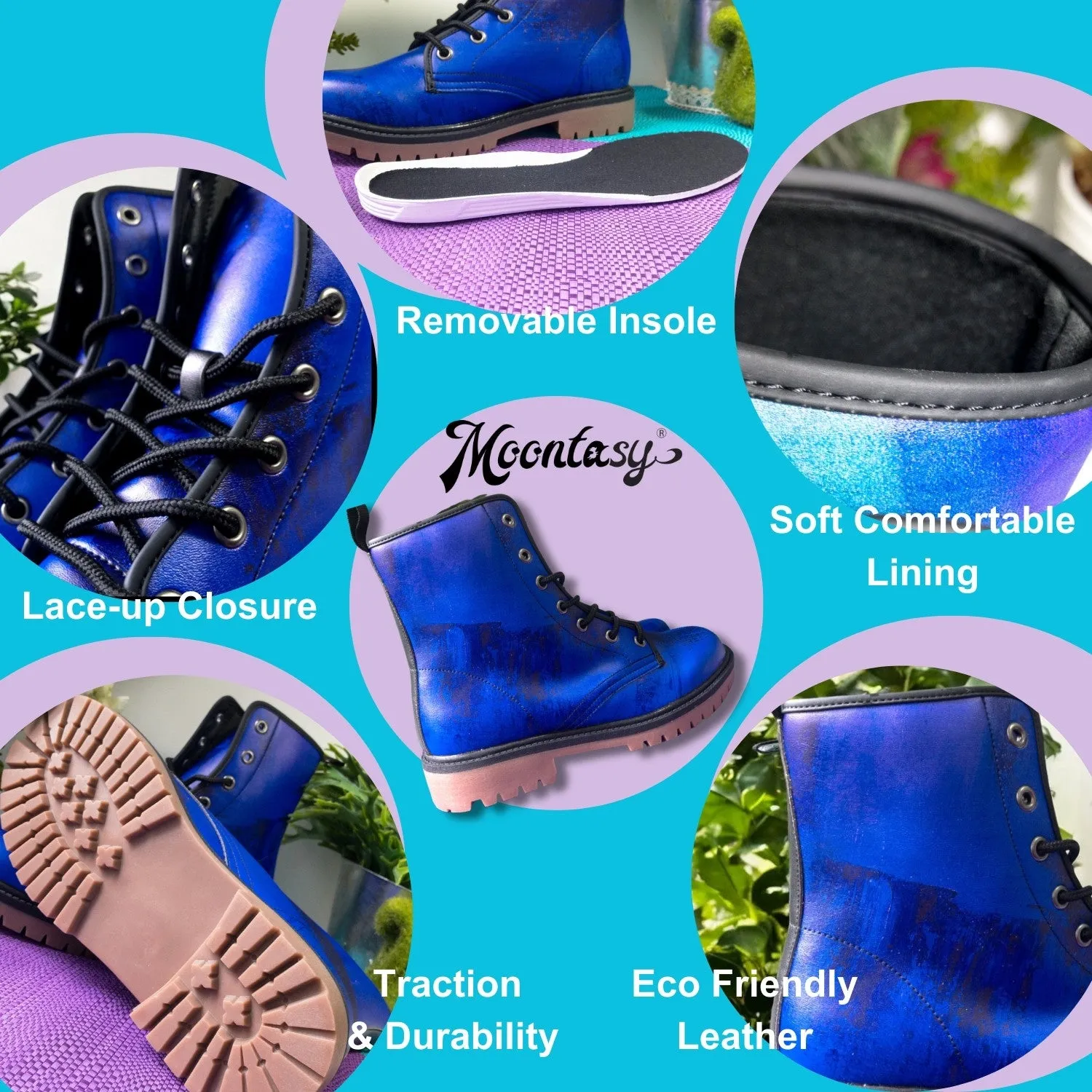 Deep Blue Floral Combat Boots|Blossom Print Blue Lace-Up Boots| Unique Custom Purple Vegan Leather Shoe For Women|Men| Mystic Design Boots