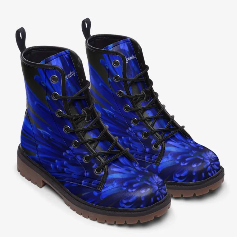 Deep Blue Floral Combat Boots|Blossom Print Blue Lace-Up Boots| Unique Custom Purple Vegan Leather Shoe For Women|Men| Mystic Design Boots