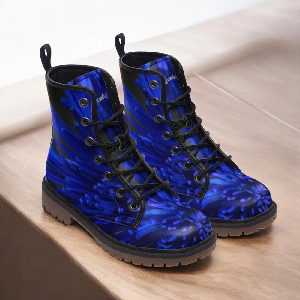 Deep Blue Floral Combat Boots|Blossom Print Blue Lace-Up Boots| Unique Custom Purple Vegan Leather Shoe For Women|Men| Mystic Design Boots