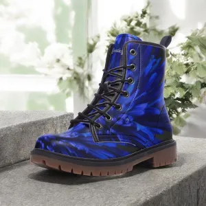 Deep Blue Floral Combat Boots|Blossom Print Blue Lace-Up Boots| Unique Custom Purple Vegan Leather Shoe For Women|Men| Mystic Design Boots