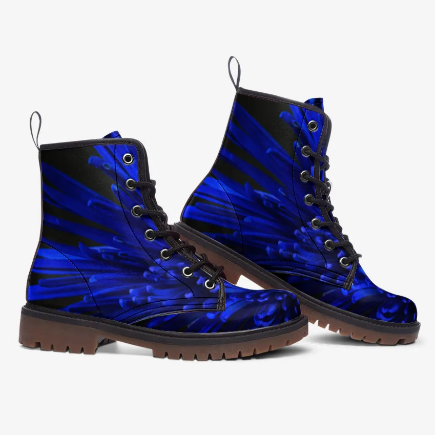Deep Blue Floral Combat Boots|Blossom Print Blue Lace-Up Boots| Unique Custom Purple Vegan Leather Shoe For Women|Men| Mystic Design Boots