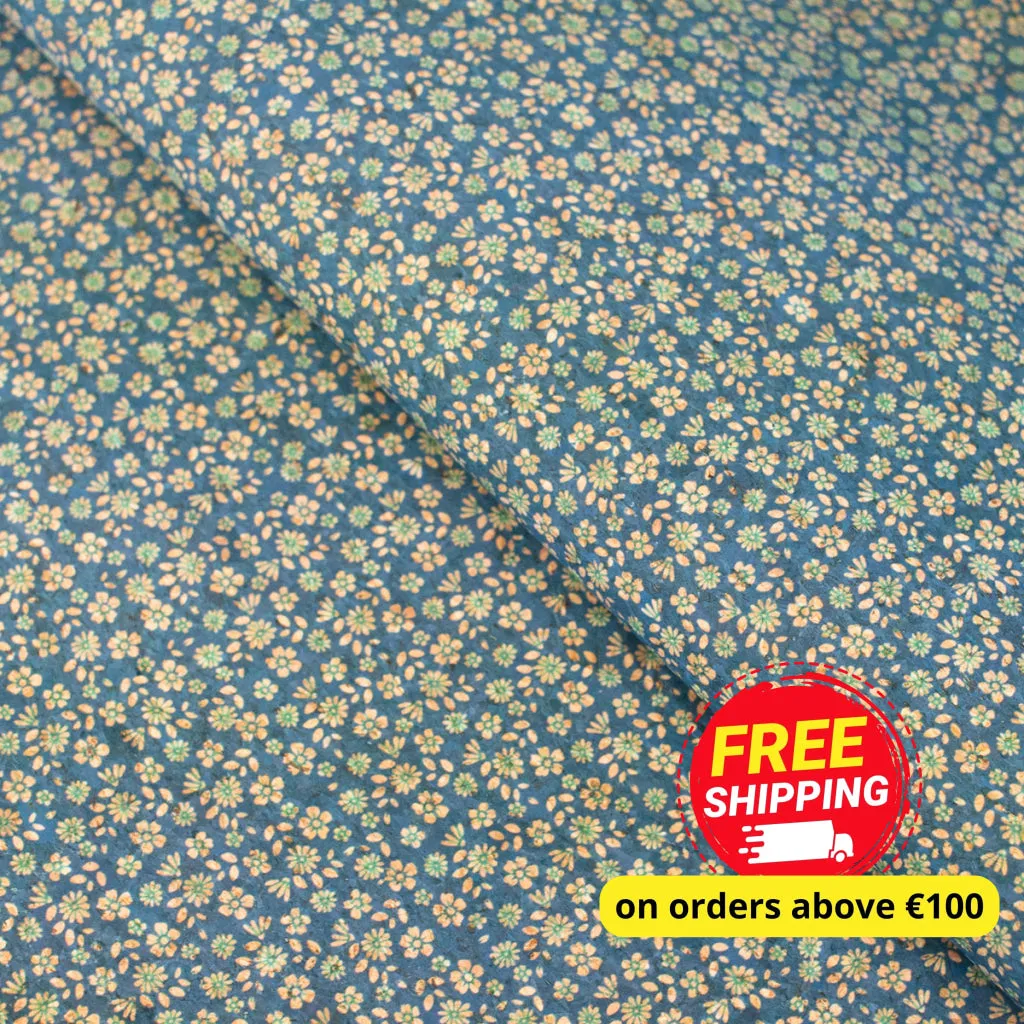 Delicate Floral Sprinkle on Teal Cork Fabric Design COF-488