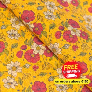 Floral Print Cork Fabric with Yellow Background COF-540