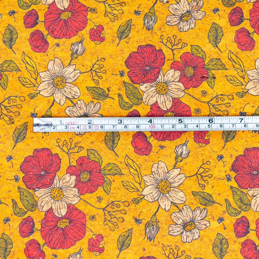 Floral Print Cork Fabric with Yellow Background COF-540