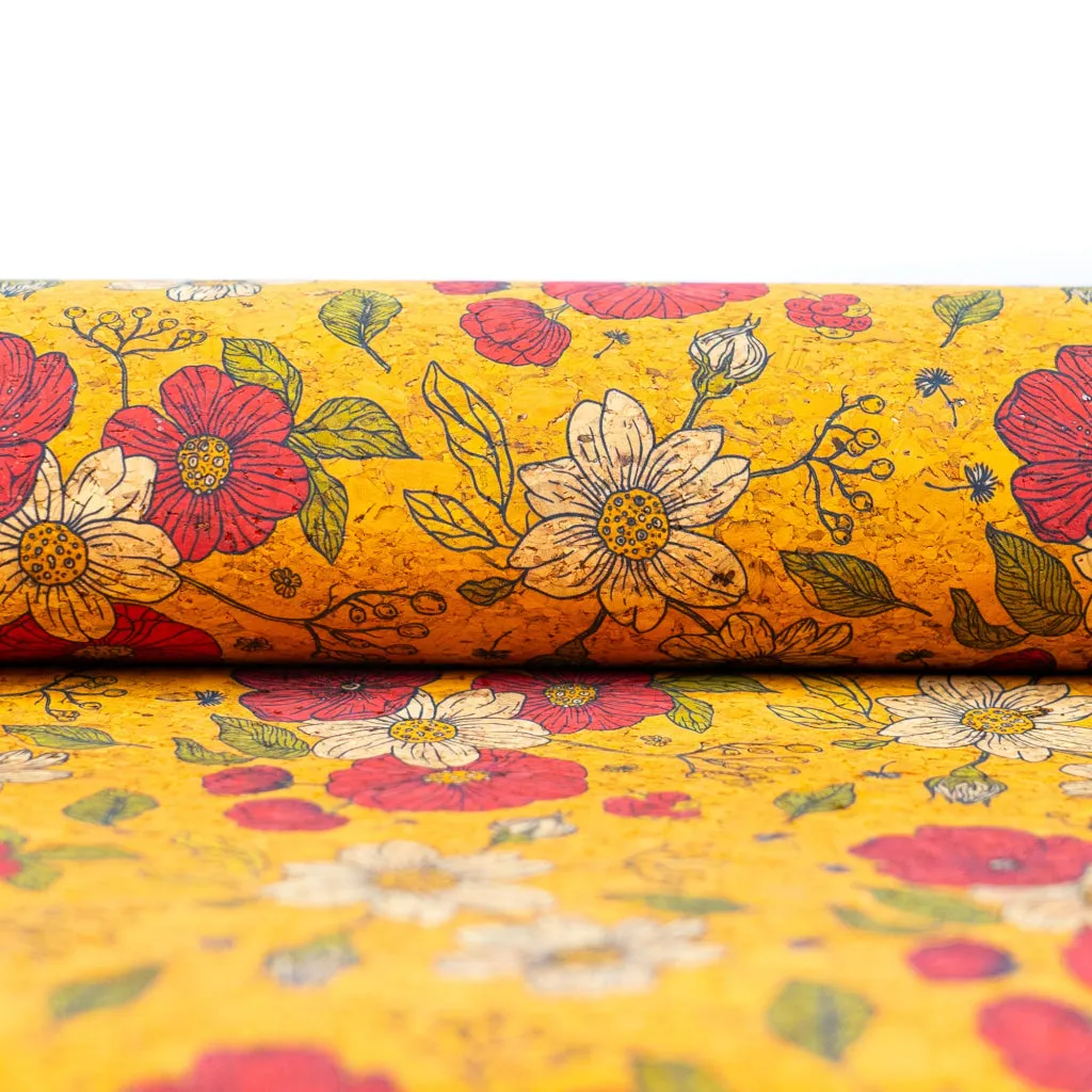 Floral Print Cork Fabric with Yellow Background COF-540