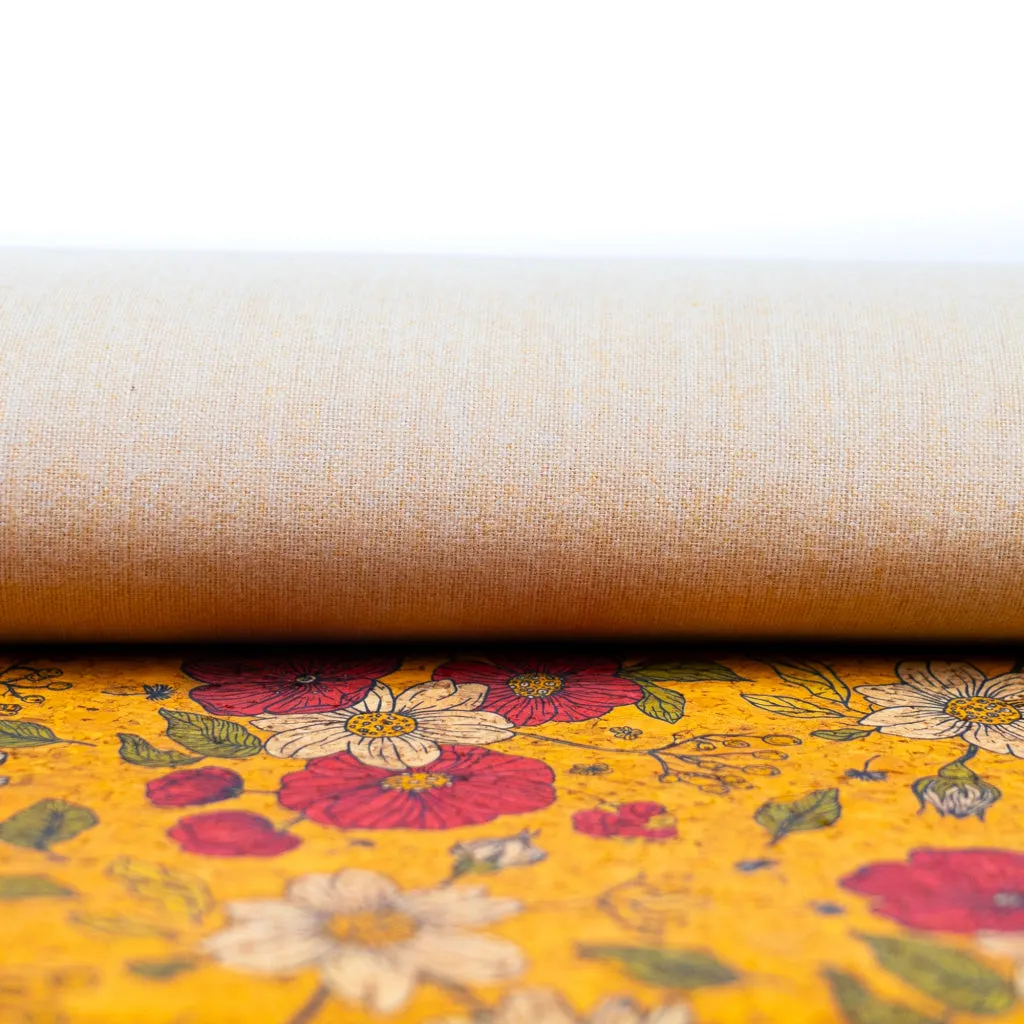 Floral Print Cork Fabric with Yellow Background COF-540