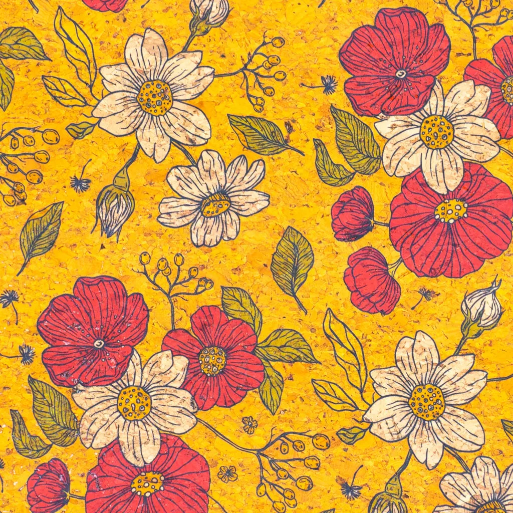 Floral Print Cork Fabric with Yellow Background COF-540