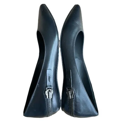 GIANMARCO LORENZI Black Leather Zip Detail Pointed Toe Ballet Flats, Size 37