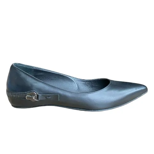 GIANMARCO LORENZI Black Leather Zip Detail Pointed Toe Ballet Flats, Size 37