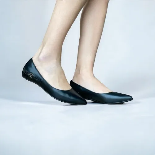 GIANMARCO LORENZI Black Leather Zip Detail Pointed Toe Ballet Flats, Size 37