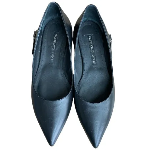 GIANMARCO LORENZI Black Leather Zip Detail Pointed Toe Ballet Flats, Size 37