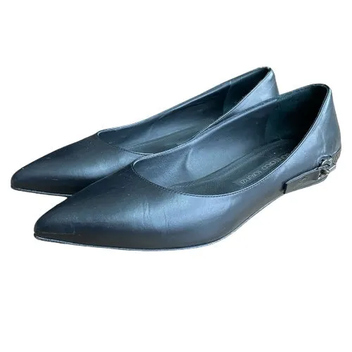 GIANMARCO LORENZI Black Leather Zip Detail Pointed Toe Ballet Flats, Size 37