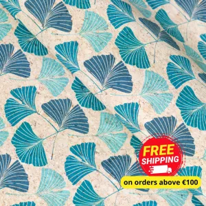 Gingko Biloba Leaf Pattern in Teal and Green on Cork Fabric COF-505