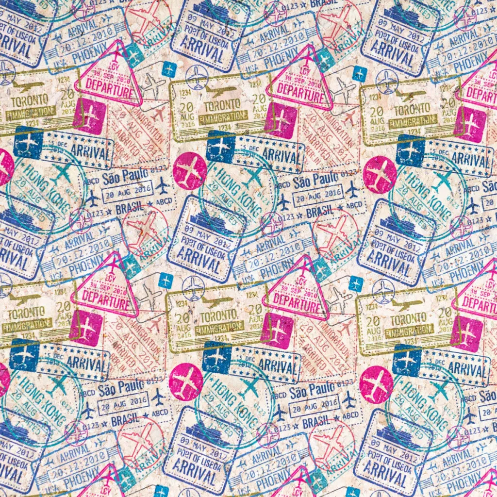 Global Explorer: Passport Stamp Pattern Cork Fabric COF-507