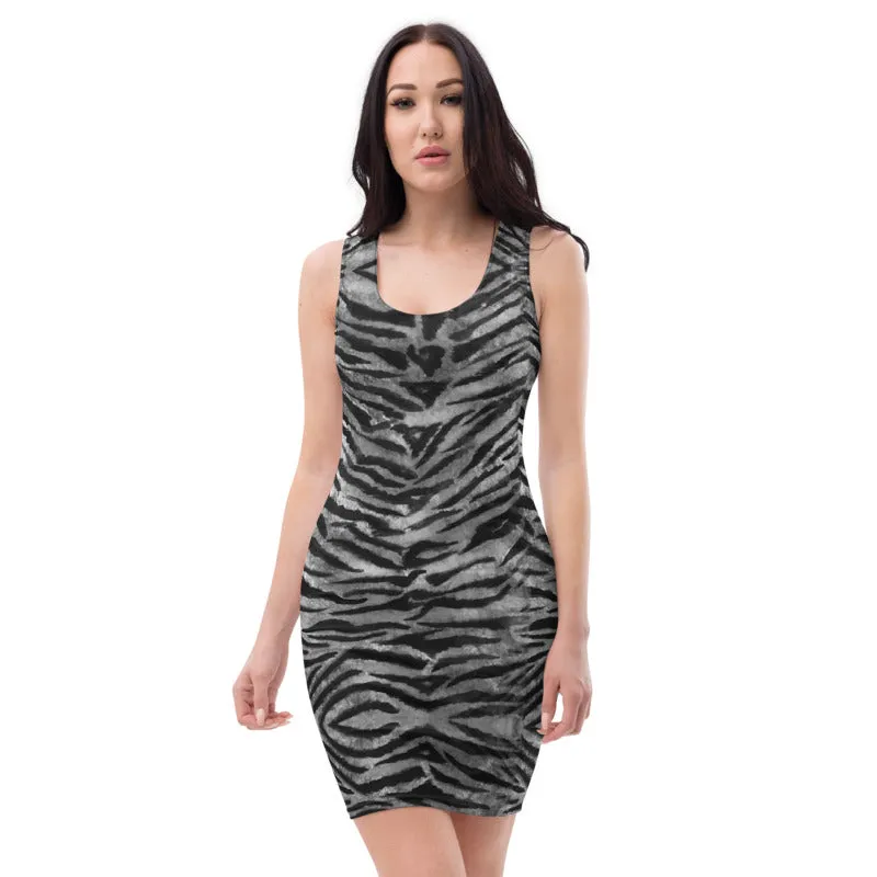 Grey Tiger Stripe Print Dress, Animal Print Women's Long Sleeveless Dress-Made in USA/EU