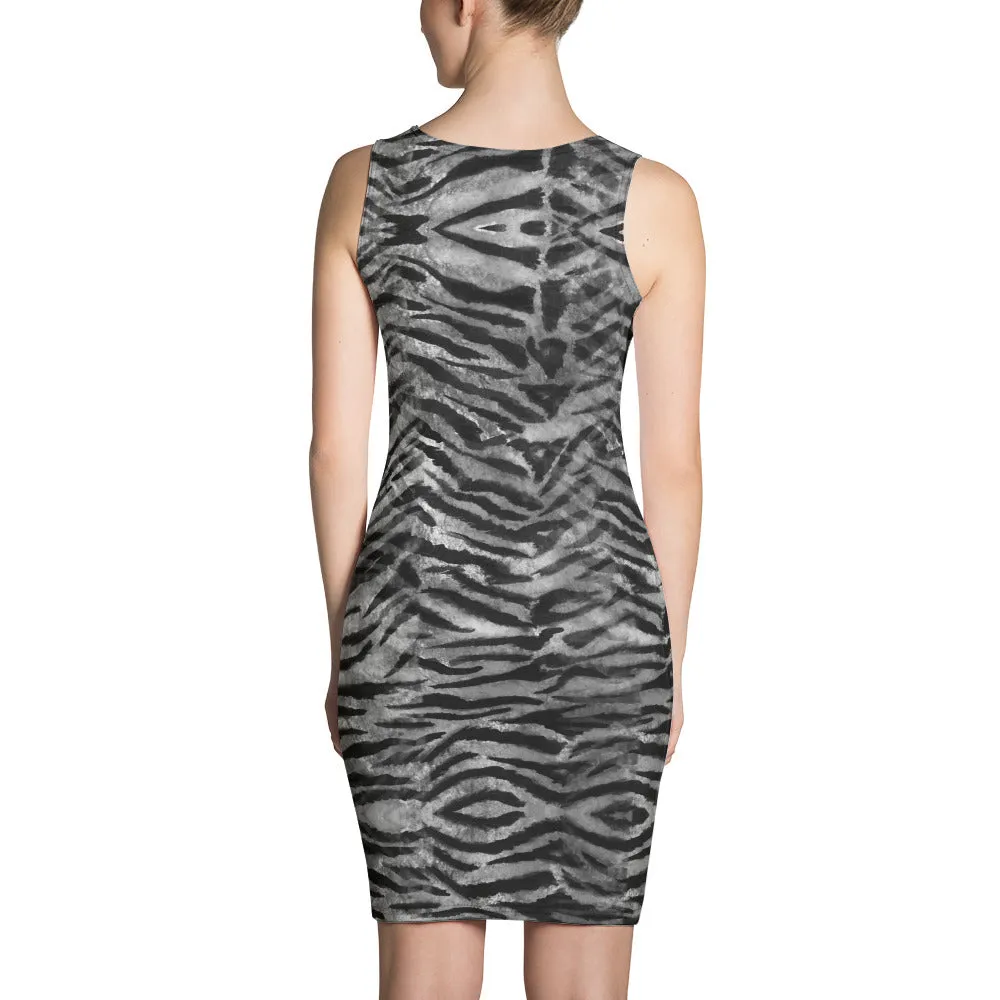 Grey Tiger Stripe Print Dress, Animal Print Women's Long Sleeveless Dress-Made in USA/EU