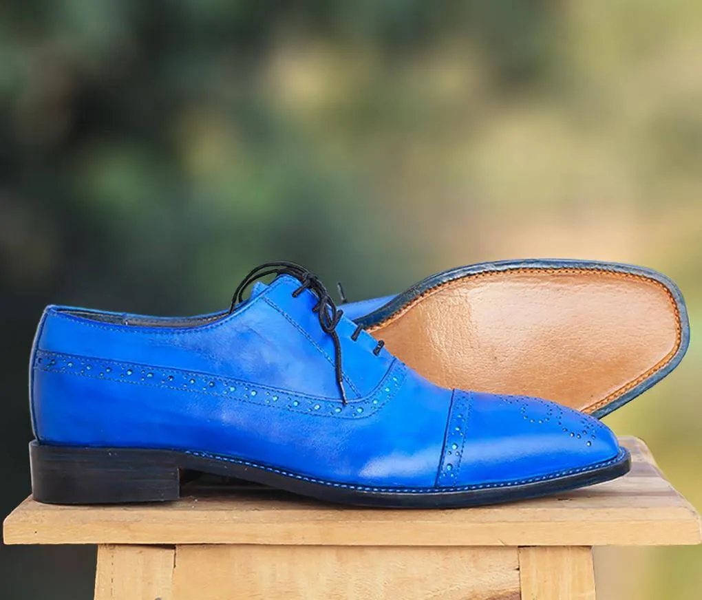 Handmade Men's Blue Cap Toe Brogue Leather Lace Up Shoes, Men Designer Dress Formal Luxury Shoes