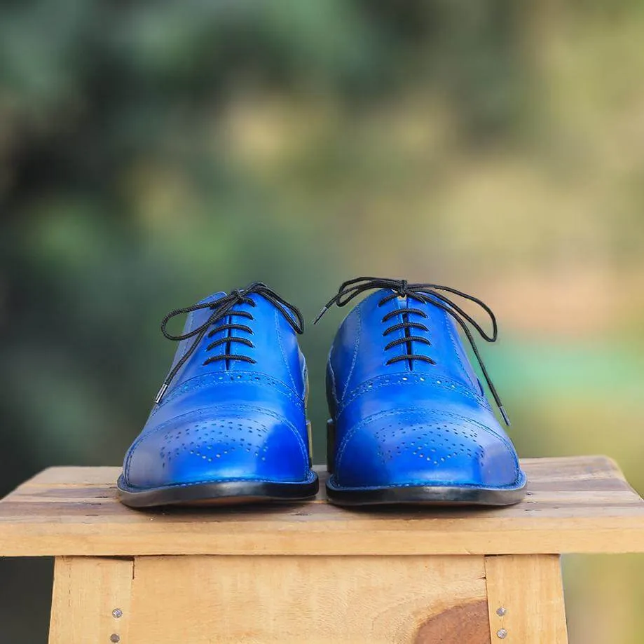 Handmade Men's Blue Cap Toe Brogue Leather Lace Up Shoes, Men Designer Dress Formal Luxury Shoes