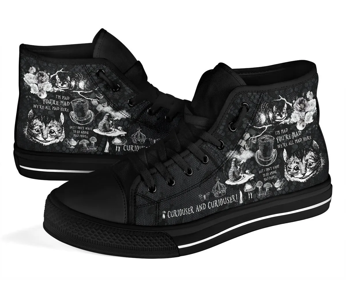 High Top Sneakers - Alice in Wonderland Gifts #102 Black and White Series, Cheshire Cat | Birthday Gifts, Gift Idea, Custom Women's Shoes