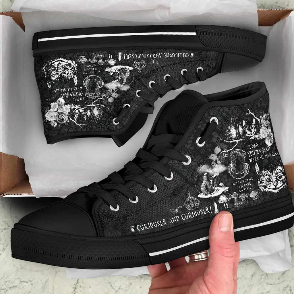 High Top Sneakers - Alice in Wonderland Gifts #102 Black and White Series, Cheshire Cat | Birthday Gifts, Gift Idea, Custom Women's Shoes