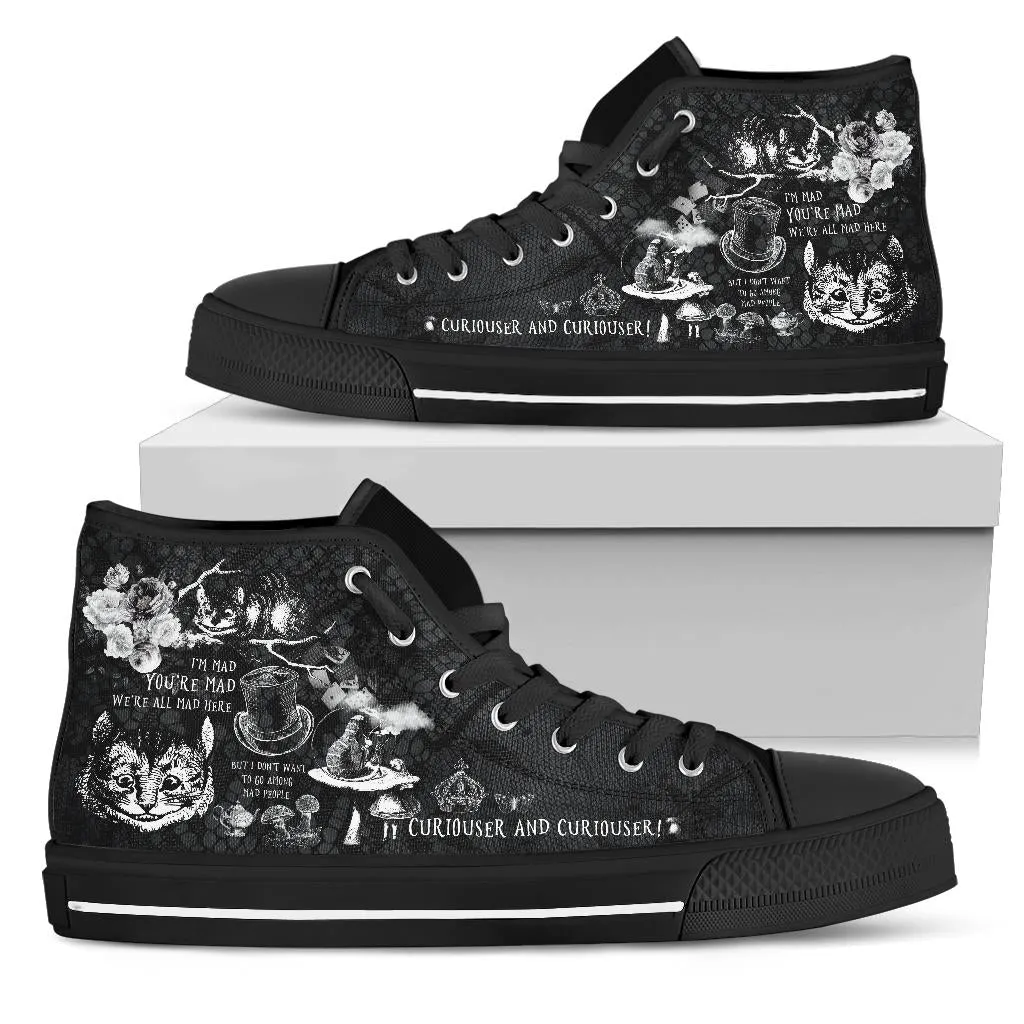 High Top Sneakers - Alice in Wonderland Gifts #102 Black and White Series, Cheshire Cat | Birthday Gifts, Gift Idea, Custom Women's Shoes
