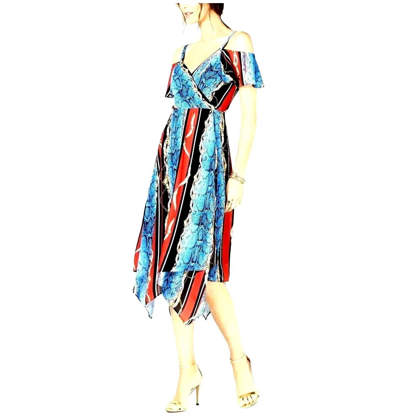 INC Dress Chain Snake Print Cold Shoulder Handkerchief V-neck Colorful