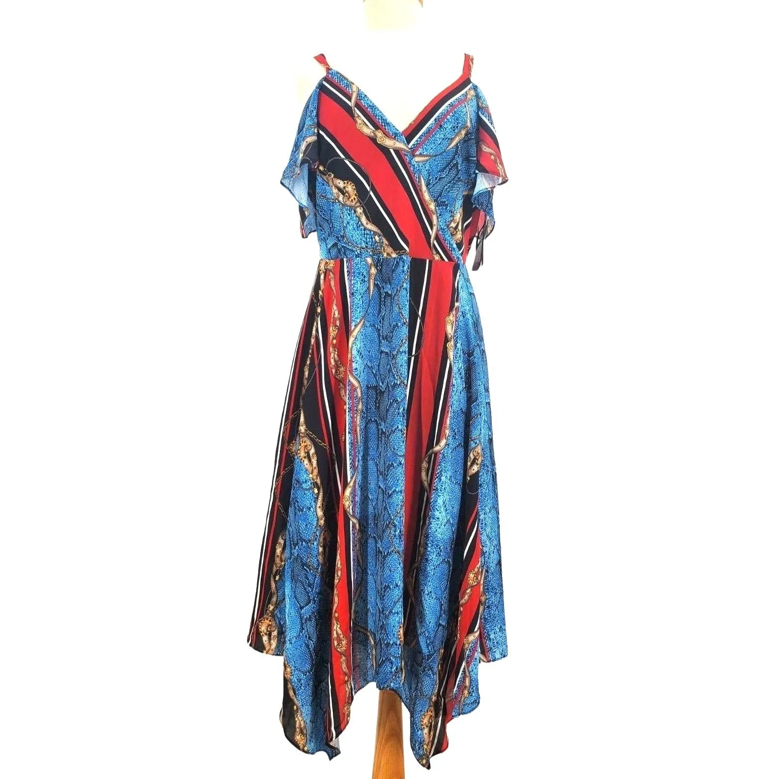 INC Dress Chain Snake Print Cold Shoulder Handkerchief V-neck Colorful