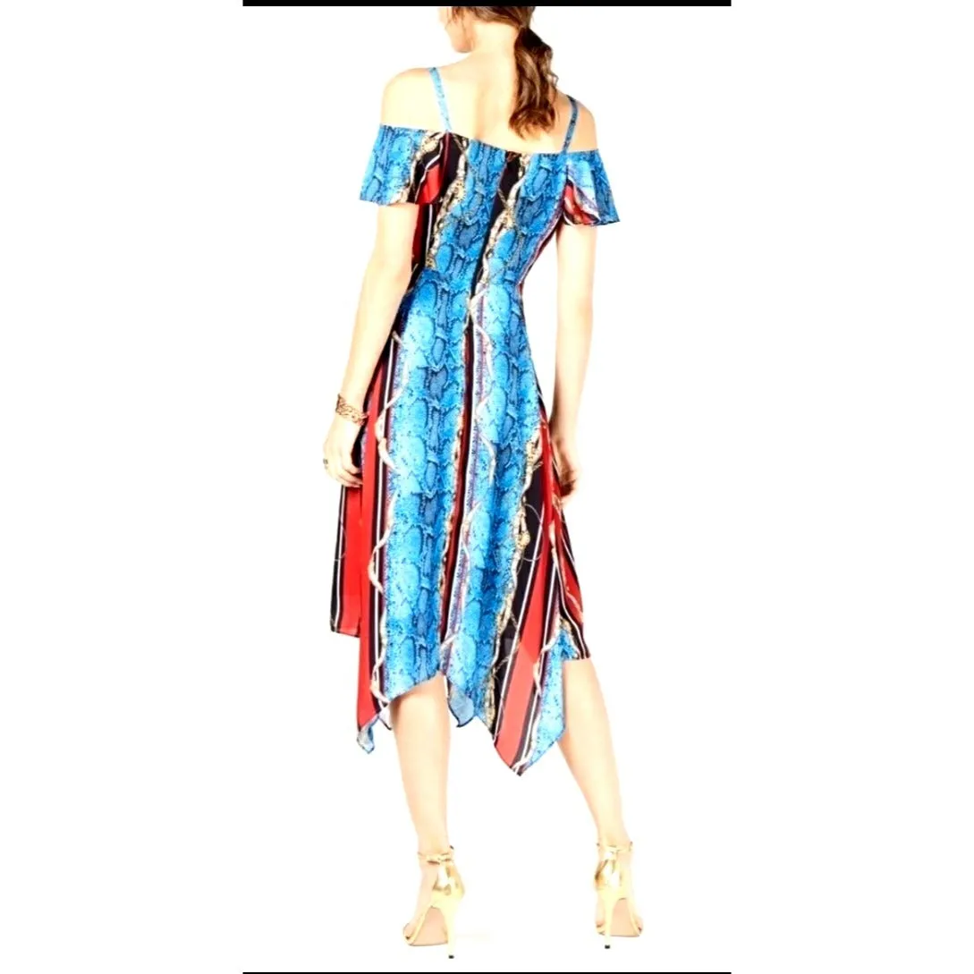 INC Dress Chain Snake Print Cold Shoulder Handkerchief V-neck Colorful