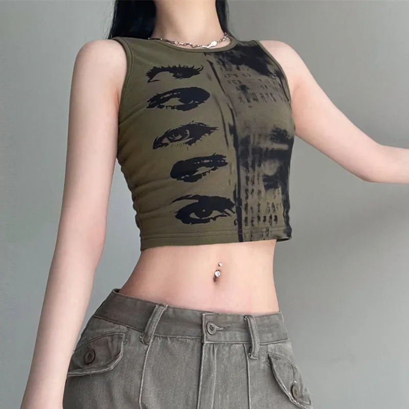 JOSKAA Fashion woman tops y2k style tank topEye Printed Crop Tank Top