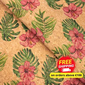 Large flower and palm leaves pattern Cork fabric COF-393
