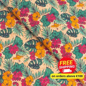 Large Flower and Palm Leaves Pattern Cork Natural Fabric COF-284-B