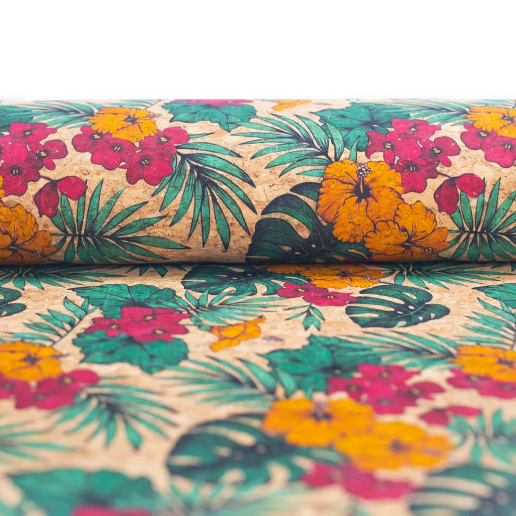 Large Flower and Palm Leaves Pattern Cork Natural Fabric COF-284-B