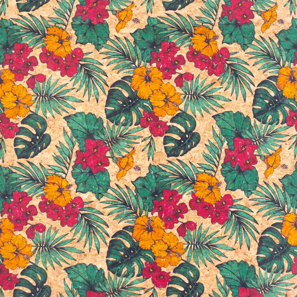 Large Flower and Palm Leaves Pattern Cork Natural Fabric COF-284-B