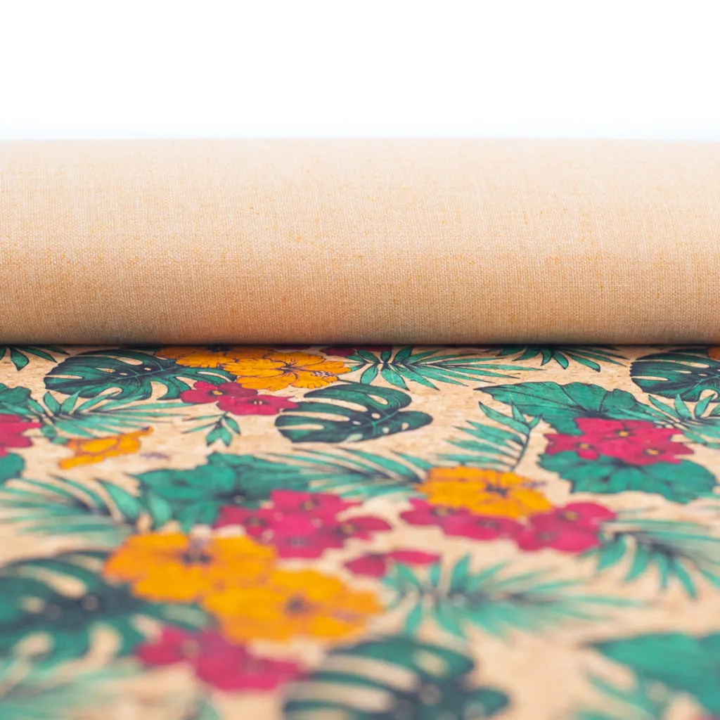 Large Flower and Palm Leaves Pattern Cork Natural Fabric COF-284-B