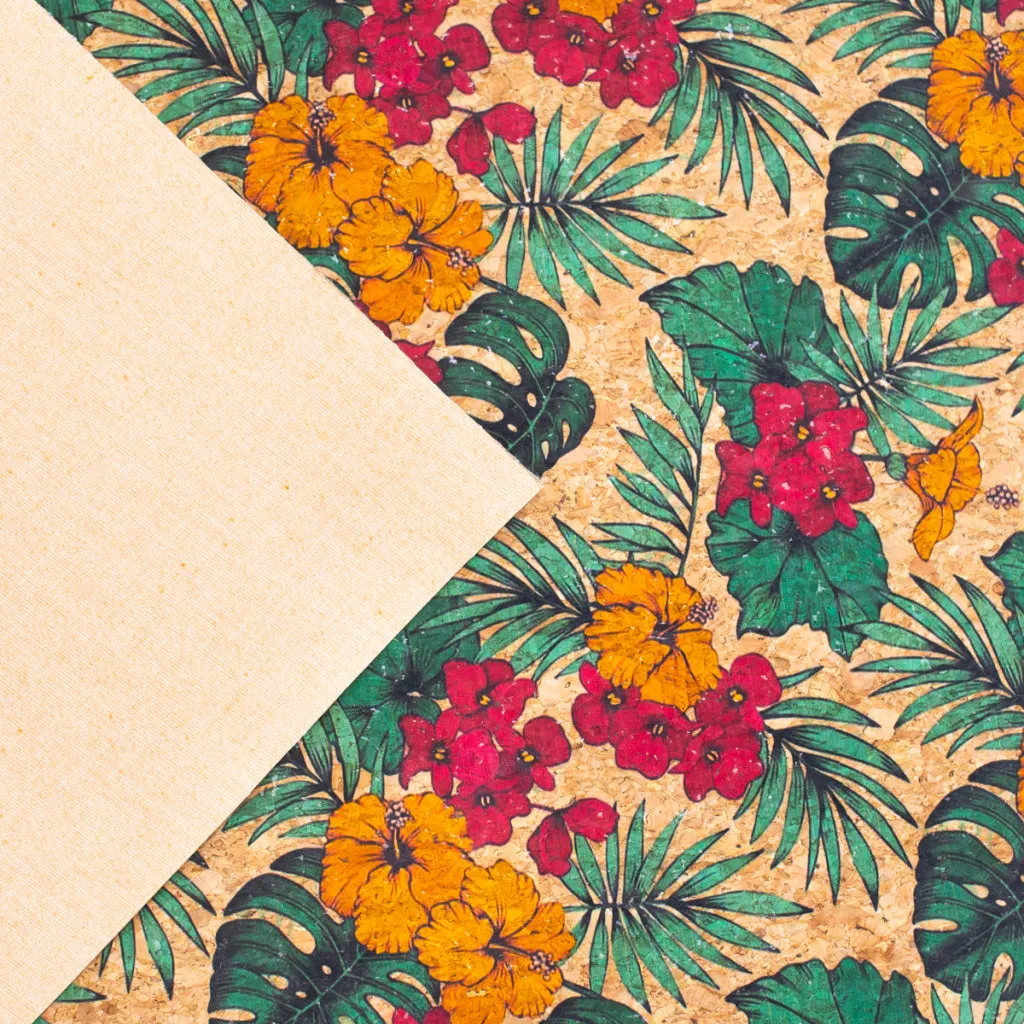 Large Flower and Palm Leaves Pattern Cork Natural Fabric COF-284-B