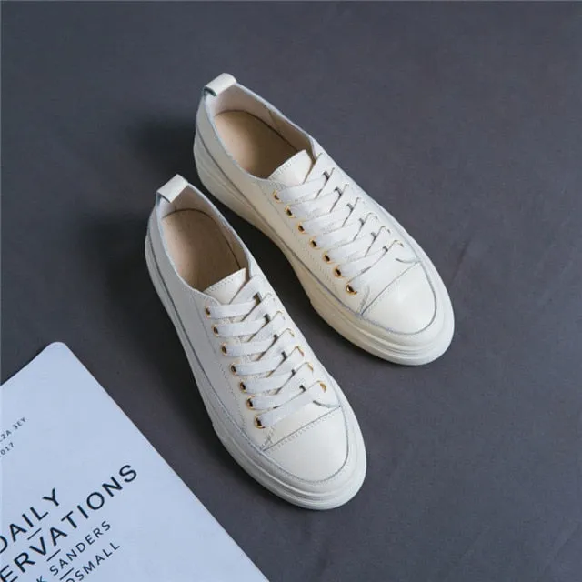 Meotina Platform Shoes Women Natural Genuine Leather Flat Casual Shoes Real Leather Lace Up White Sneakers Ladies Flats Spring