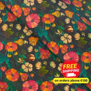 Natural Cork Fabric with Flower Print on Black Cork Background COF-474