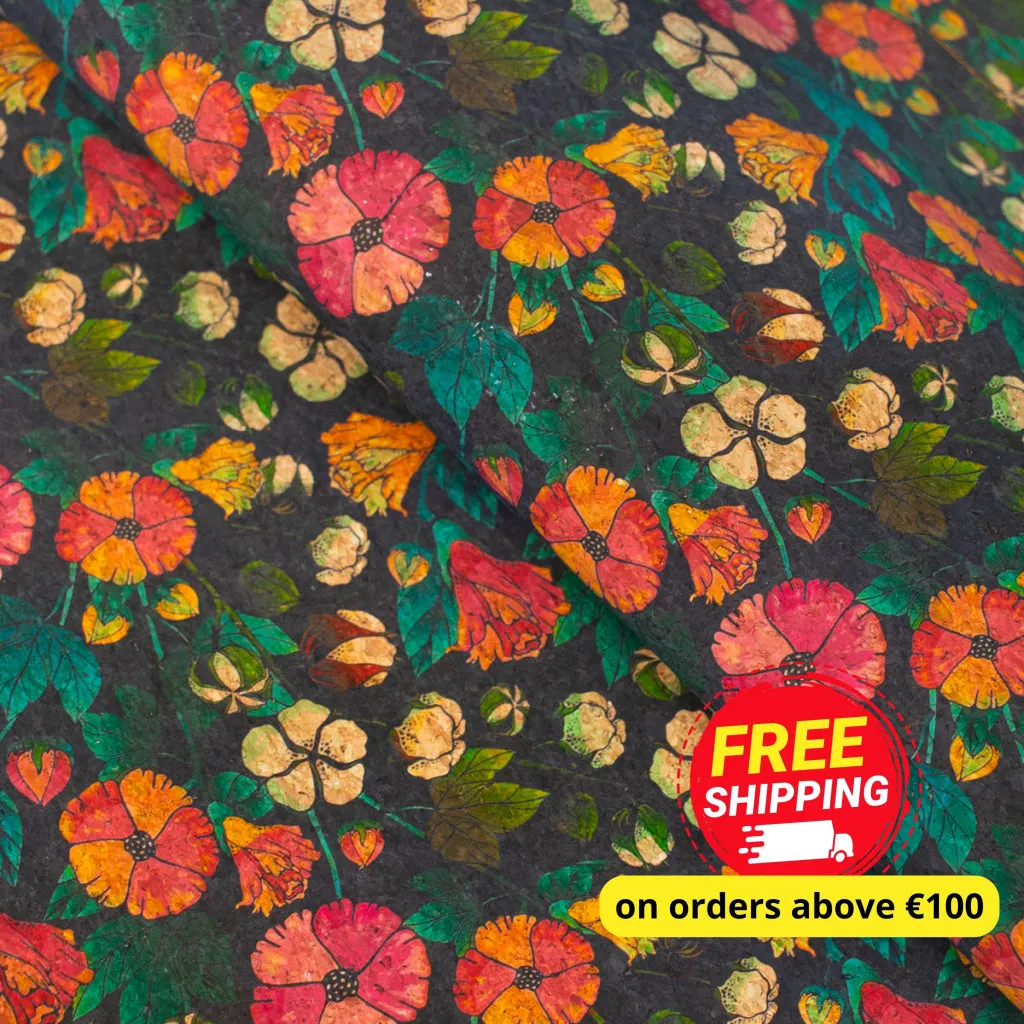 Natural Cork Fabric with Flower Print on Black Cork Background COF-474