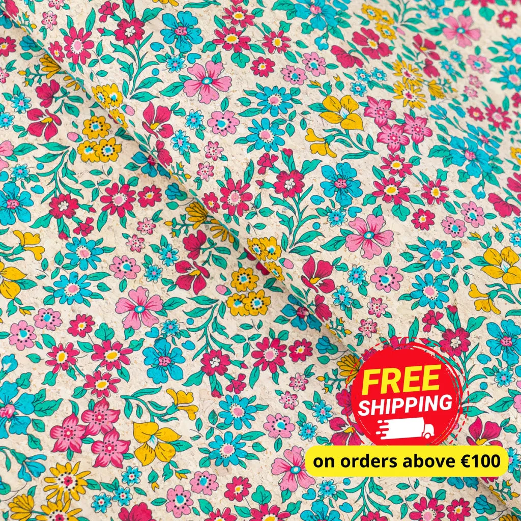 Printed Cork Fabric with Bright Floral Vine Pattern COF-563
